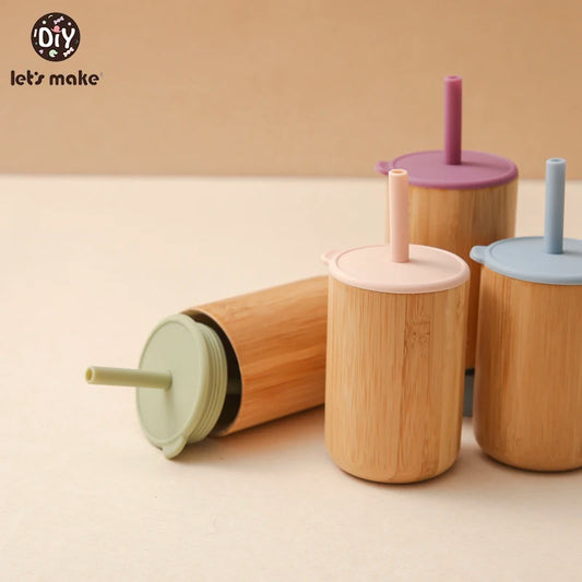 Baby Feeding Bamboo and Wooden Drinking Cups, Safe Bamboo Food Grade Silicone Straws Leak-proof Children's Water Cups