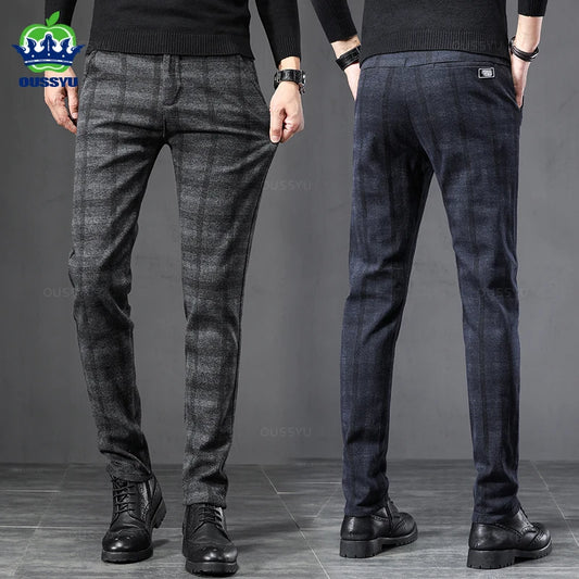 AW England Plaid Stretch Pants - Business Fashion, Slim Fit, Grey/Blue, 38 Size