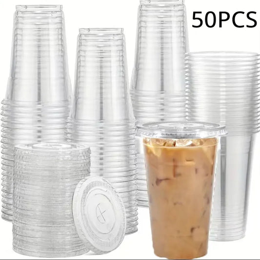 50PCS 16OZ Clear Plastic Cups Flat Lids Disposable Drinking Cups